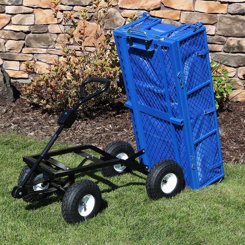 Dimension image with blue arrows and text showing the height, width and depth of the garden cart. 