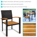 Outdoor patio chair with steel frame, resin rattan wicker seat back with light acacia wood seat and armrests