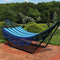 blue striped rope hammock with spreader bars