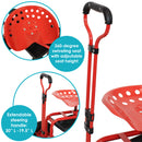 Profile of the red rolling garden cart with wire basket and swivel seat.