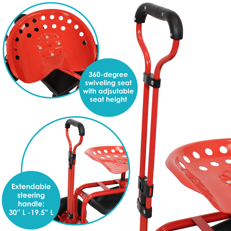 Profile of the red rolling garden cart with wire basket and swivel seat.