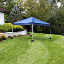 blue 12'x12' pop up canopy with white frame and sandbags