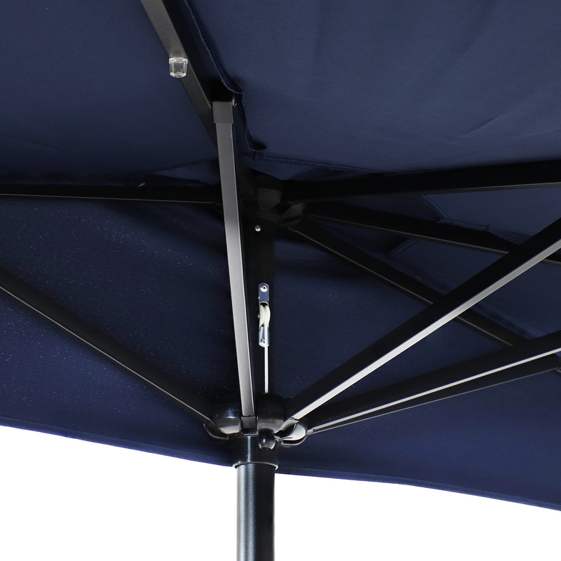 Closed navy blue umbrella with three callout circles highlighting the solar panel, tie closure, and open/close crank.