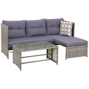 Outdoor resin wicker patio sectional sofa set with charcoal-colored cushions, accent throw pillow and glass top coffee table