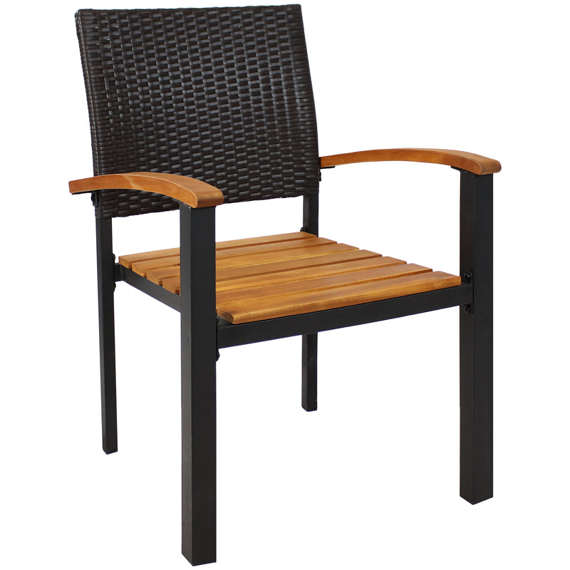 Outdoor patio chair with steel frame, resin rattan wicker seat back with light acacia wood seat and armrests