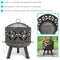 Cast iron fire pit with spark screen, decorative cutouts and two handles on the side.