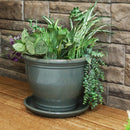 Blue-gray ceramic planter with plants sits on top of matching color saucer.