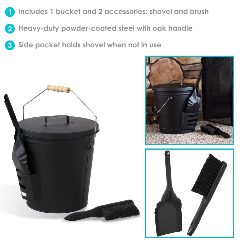 Shovel and brush tools belong to 5-gallon fireplace ash bucket with lid