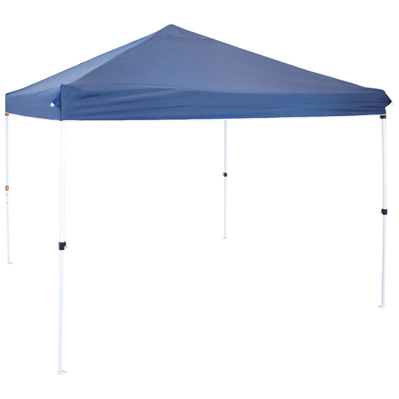 Blue 12'x12' pop up canopy with white frame set up on a green lawn.