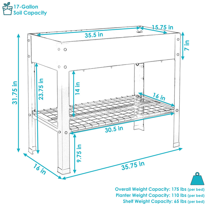 Numbered list of three key features of the black, raised garden beds with mesh shelf.