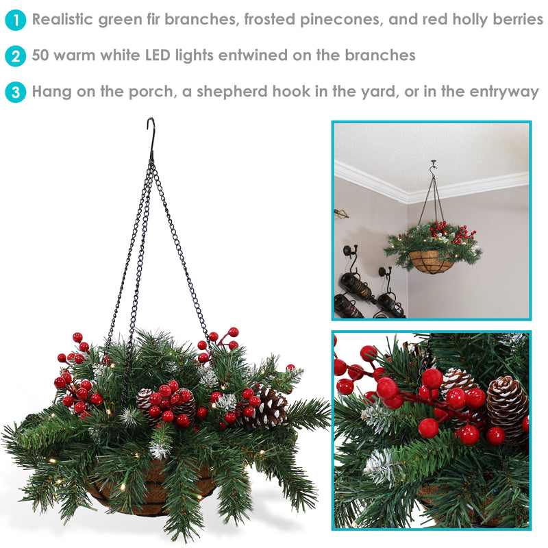 Sunnydaze Pre-Lit Artificial Christmas Hanging Basket