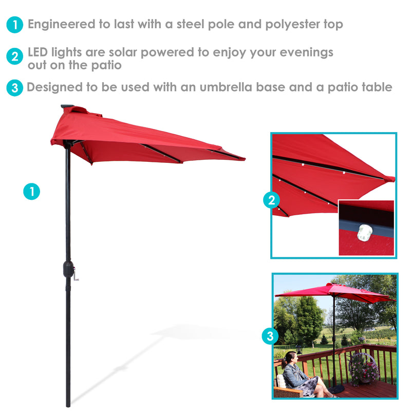 Closed red blue umbrella with three callout circles highlighting the solar panel, tie closure, and open/close crank.