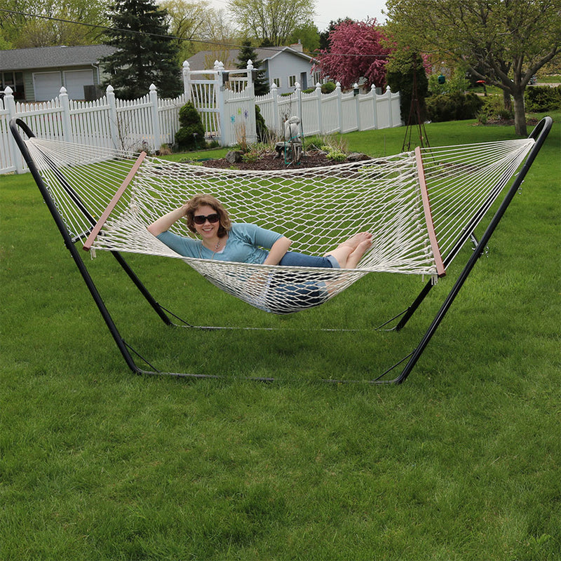 Sunnydaze 2-Person Cotton Rope Hammock with Multi-Use Steel Stand