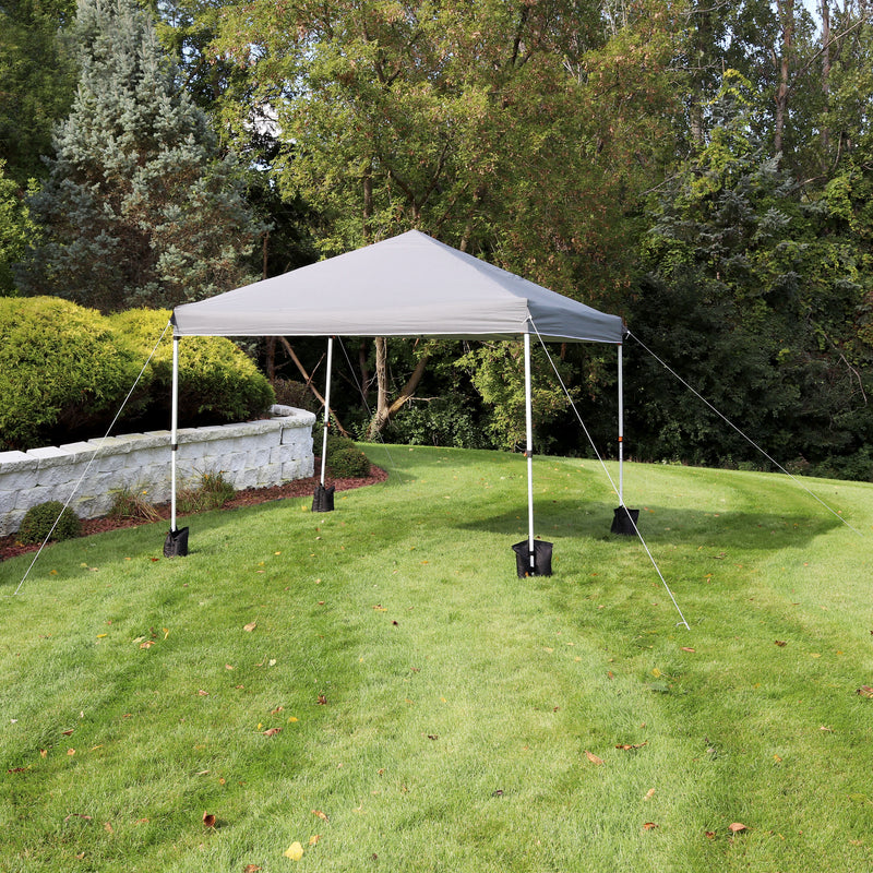 gray 10'x10' pop up canopy with white frame and sandbags