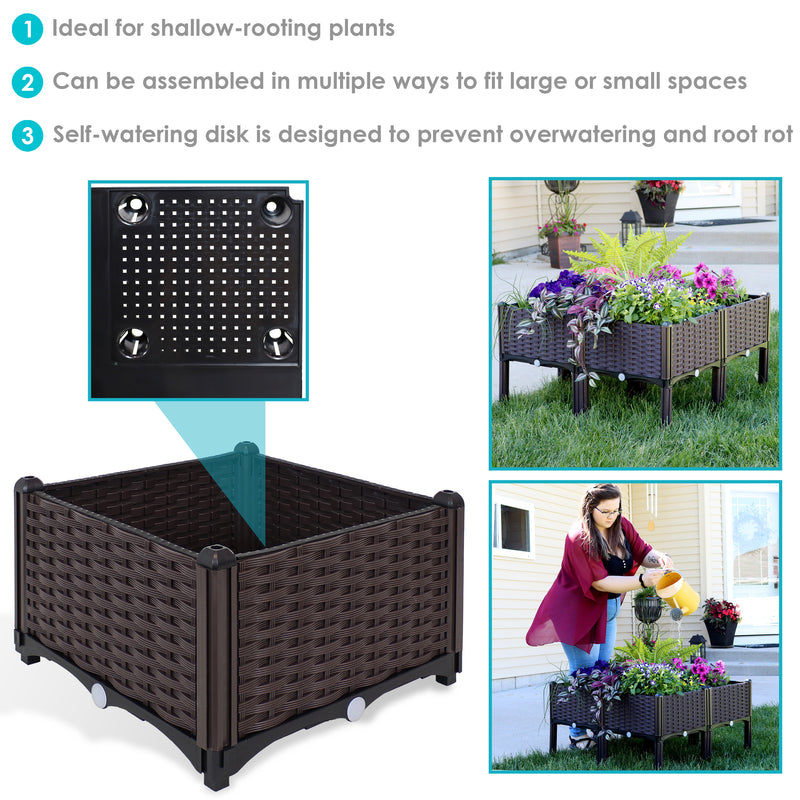Brown faux wicker raised garden bed leg and drainage hole with cap.