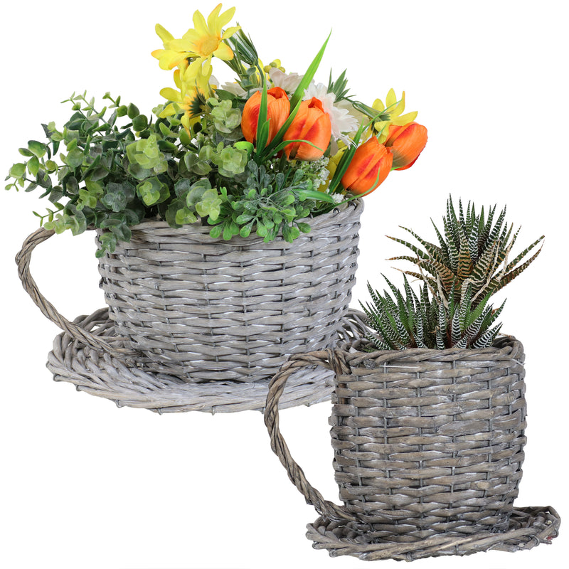 Two wicker teacup planters with flowers