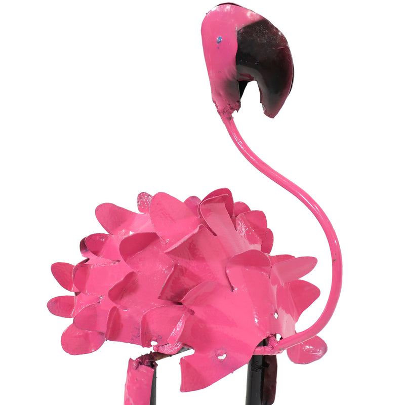 Pink metal body and head of Fancy flamingo statue.