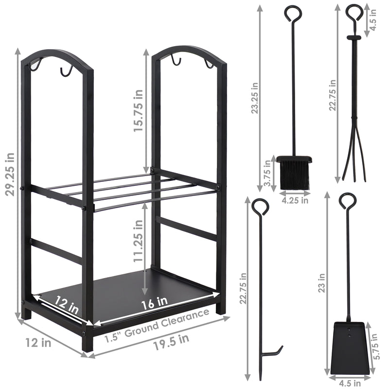 Log grabber, brush, shovel and poker tools from 5-piece steel fireplace log holder
