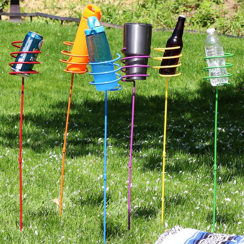 Set of six multi-colored metal drink holders with a spiral top for holding beverages.