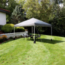 gray 12'x12' pop up canopy with white frame and sandbags