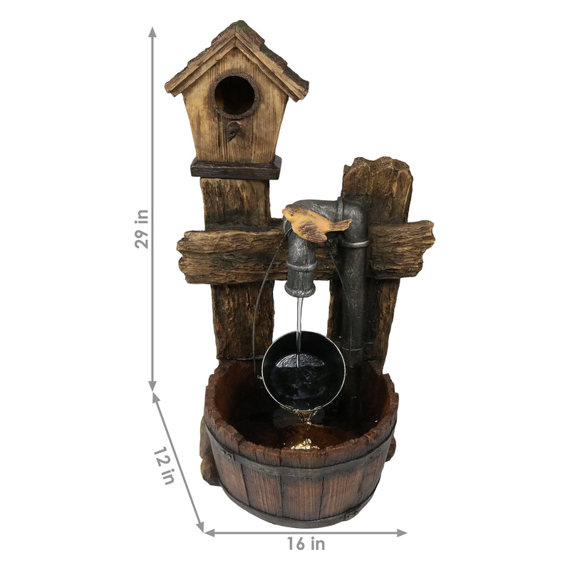 bird house with pipe outdoor water fountain