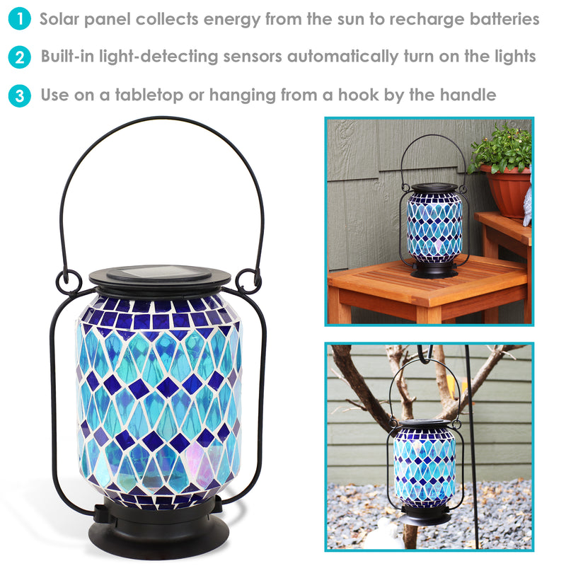 Handle, lid and solar panel of the blue mosaic lantern.