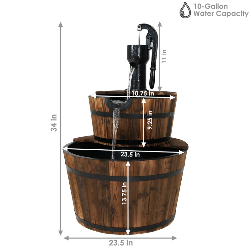 Sunnydaze Wood Barrel Water Fountain with Hand Pump - Rustic 2-Tier - 37" H