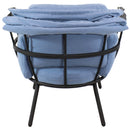 Back view of blue luxury egg chair with retractable canopy.