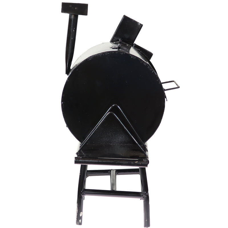 Side view of mini barbecue grill statue and caddy.