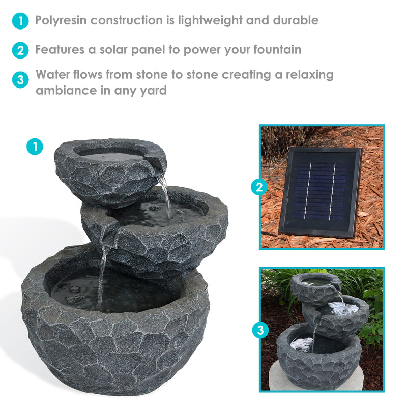 Sunnydaze 3-Tier Chiseled Basin Solar Fountain with Battery Backup