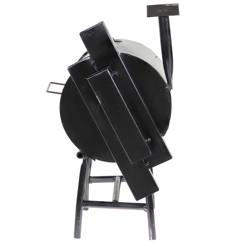 Side view with utensil holder of the mini barbecue grill statue and caddy.