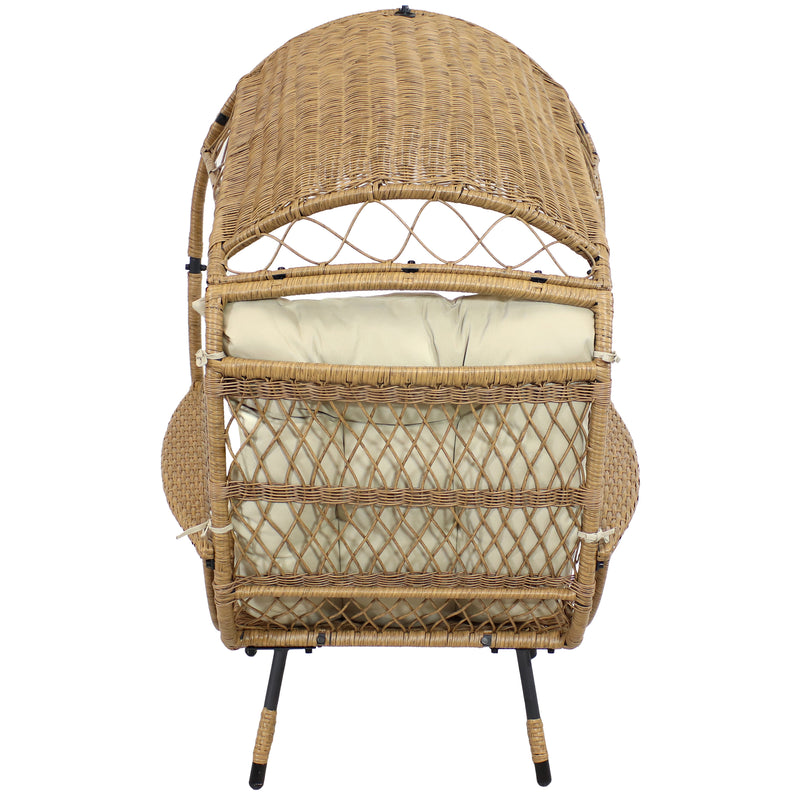 Profile view of brown and beige shaded comfort wicker egg chair.