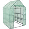 walk-in greenhouse with 4 shelves and green cover