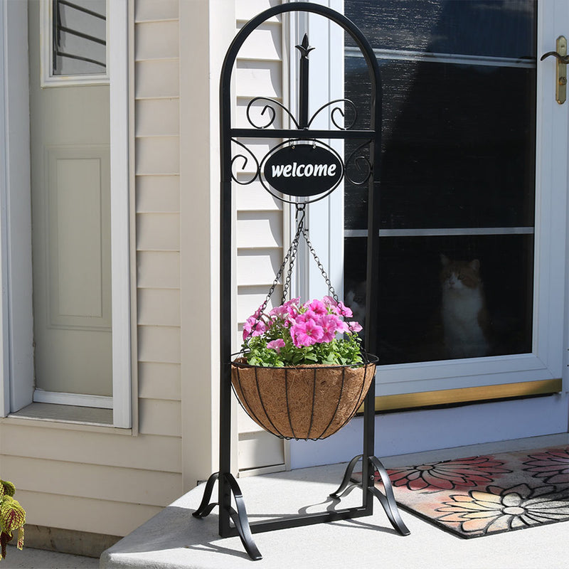 Sunnydaze Outdoor Decorative Welcome Sign with Hanging Basket Planter Stand 48 inch Tall