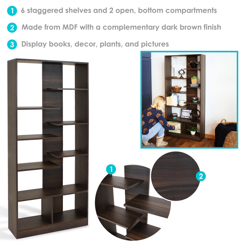 Sunnydaze Rosalee 9-Tier Open-Back Bookshelf with Staggered Shelves