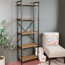 5 tier black pipe bookshelf with brown shelves