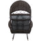 Profile view of faux wicker egg chair with dark gray cushion.
