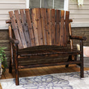 Fir wood cabin bench with fan back design on an outdoor wood deck with rug