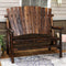 Fir wood cabin bench with fan back design on an outdoor wood deck with rug