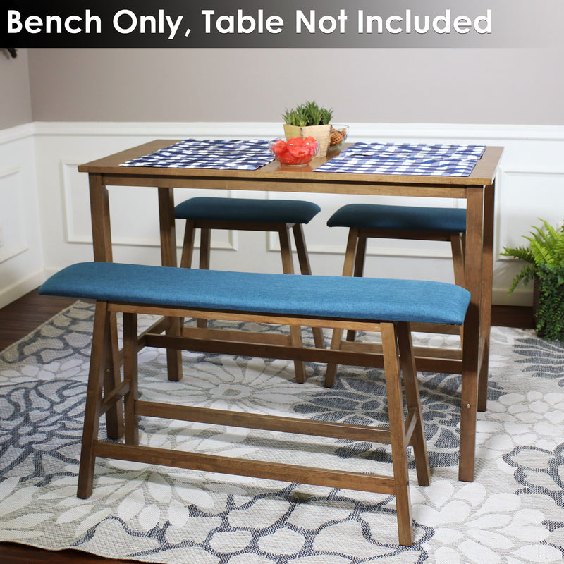 Sunnydaze Wooden Counter-Height Dining Bench - Weathered Oak Finish with Blue Cushion