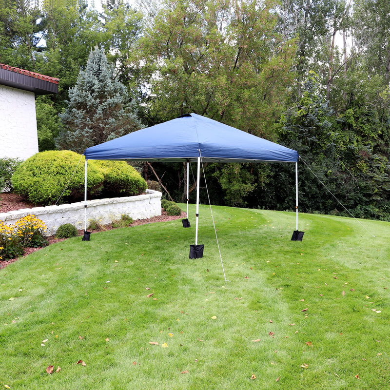 blue 12'x12' pop up canopy with white frame
