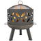 Outdoor retro cast iron fire pit with handles and spark screen shown with fire burning