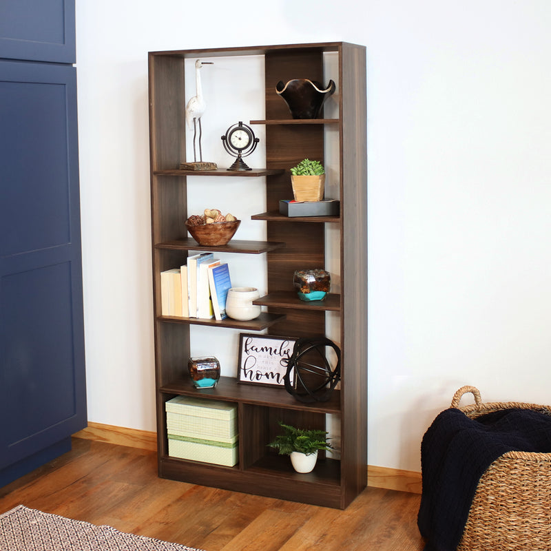 Sunnydaze Rosalee 9-Tier Open Bookshelf with Staggered Shelves