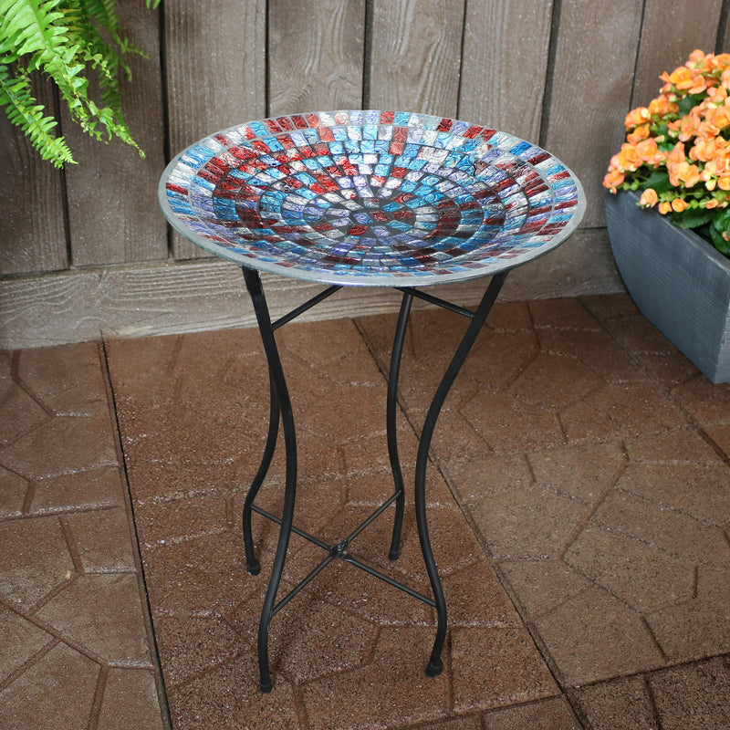 mosaic birdbath with metal stand