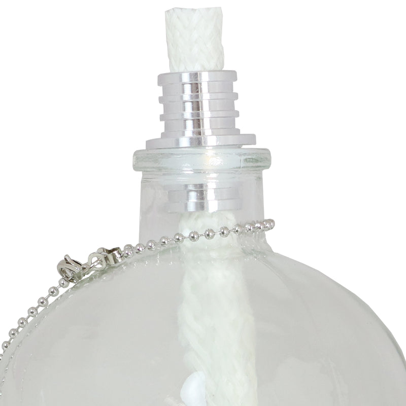 Profile view of a white, clear skull torch with metal snuffer cap and chain.