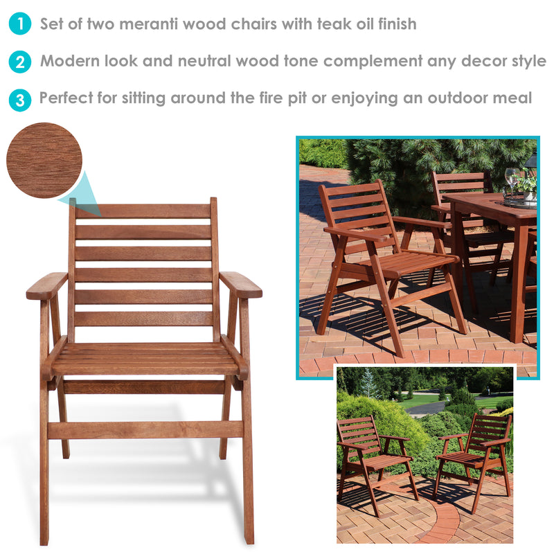 Sunnydaze Meranti Wood Outdoor Arm Chairs with Teak Oil Finish - Set of 2