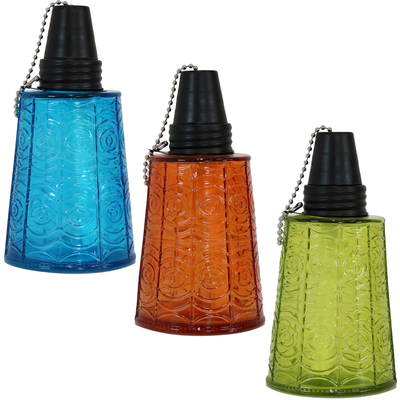 Sunnydaze Set of 3 Glass Tabletop Torches - 1 Blue, 1 Orange and 1 Green