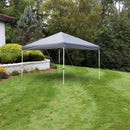 Gray 12'x12' pop up canopy with white frame set up on a backyard lawn.