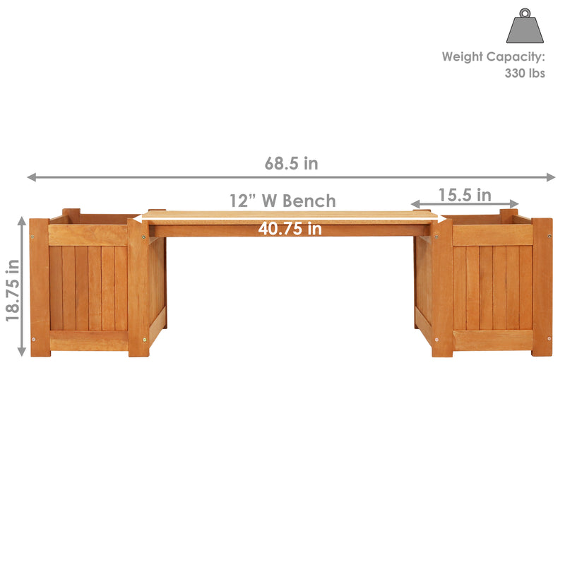 Dimension image for meranti wood outdoor planter box bench.