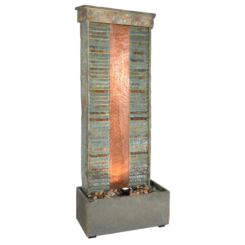 Sunnydaze Rippled Slate Water Fountain with Copper Accents & LED Spotlight - 48 Inch Tall